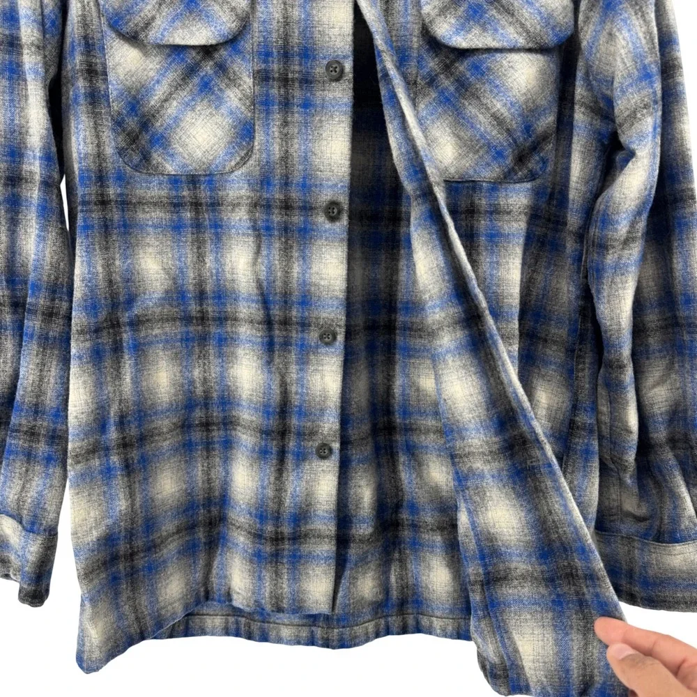 Pendleton Board Shirt Men Medium Blue Grey Plaid 100% Virgin Lace Wool Button Up - Picture 4 of 9